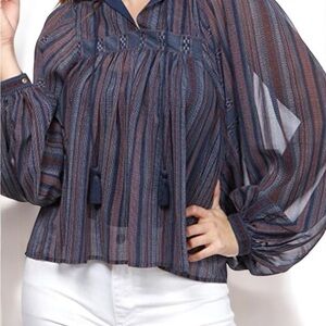 Lucky Brand Blue Striped Boho Balloon Sleeve Peasant Blouse - Medium